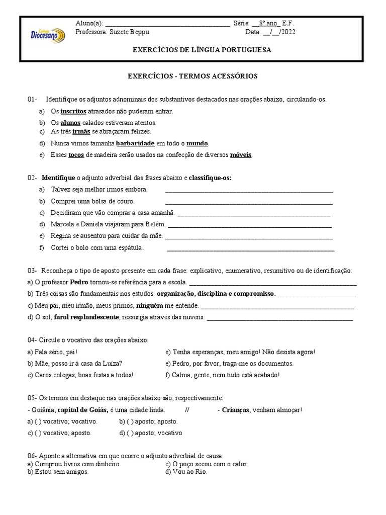 Exercícios - Termos Acessórios Da Oração | PDF