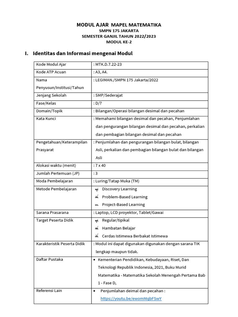 Modul Ajar Matematika 2 Bilangan Desimal Dan Pecahan Pdf