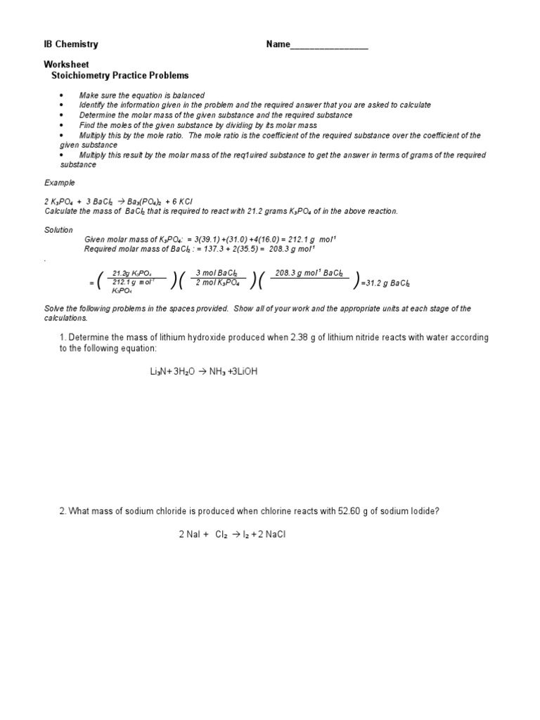 IB Chemistry Stoichiometry Worksheet | PDF | Mole (Unit) | Chlorine