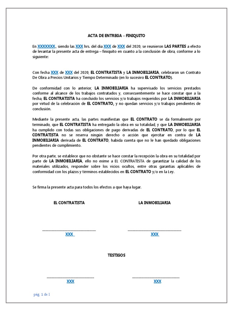 Acta de Entrega y Finiquito de Obra | PDF | Finanzas y dinero