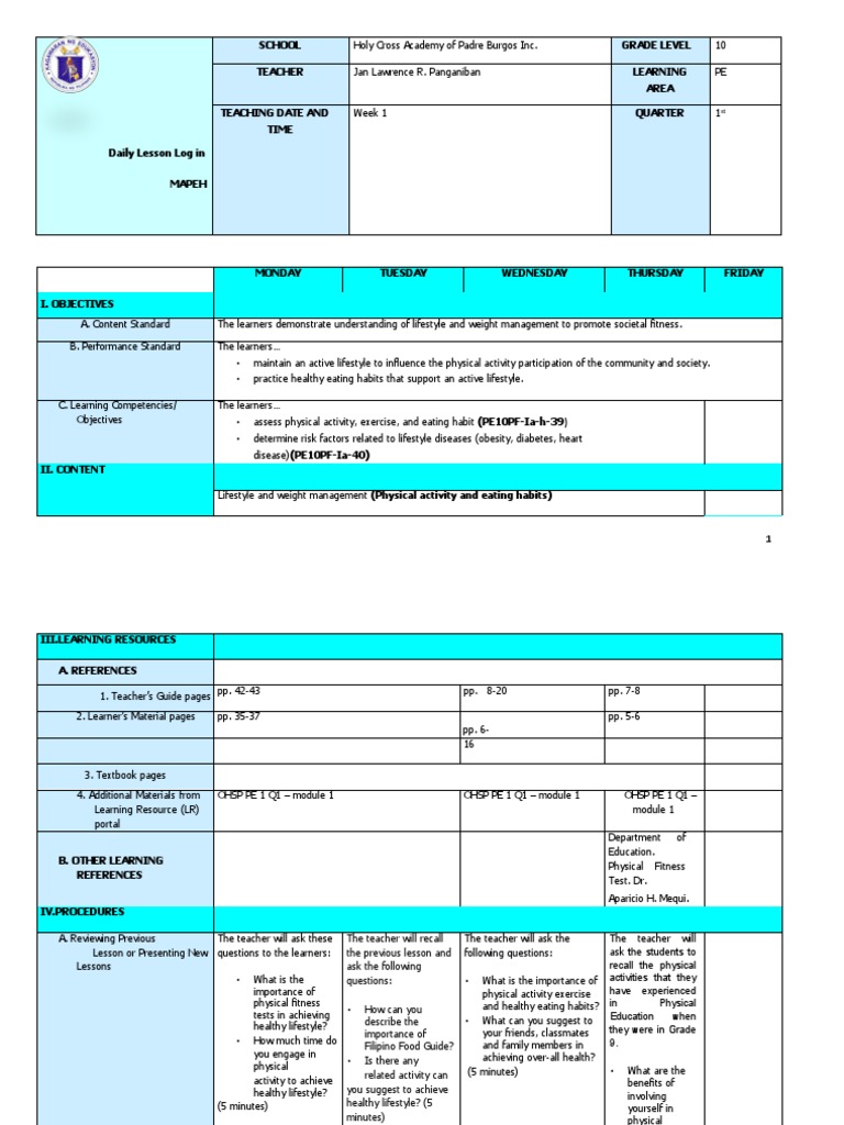 DLL for Grade 10 PE Week 1 | PDF | Physical Education | Teachers