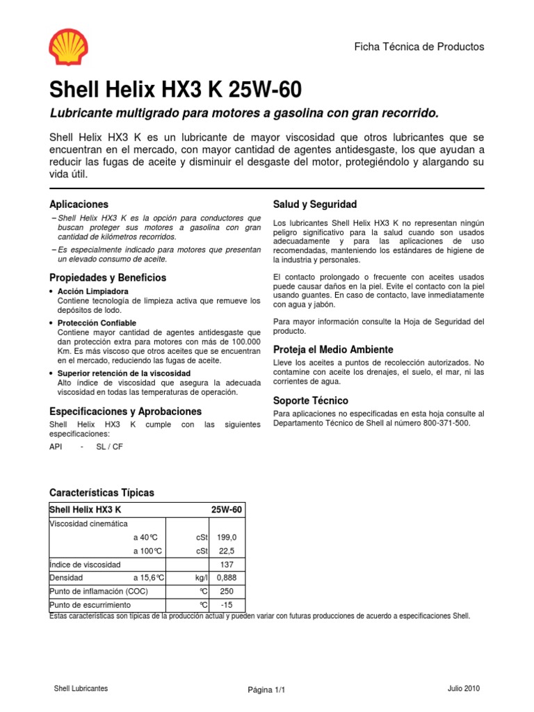 Shell Helix HX3 K 25W-60 para Motores Altos Kilómetros | PDF ...