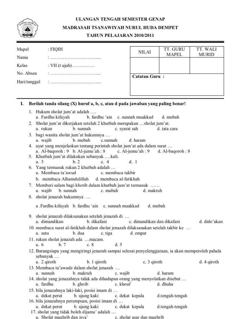 Contoh Soal Ujian Esai Fiqih Tentang Sholat Kls 4 Jwban