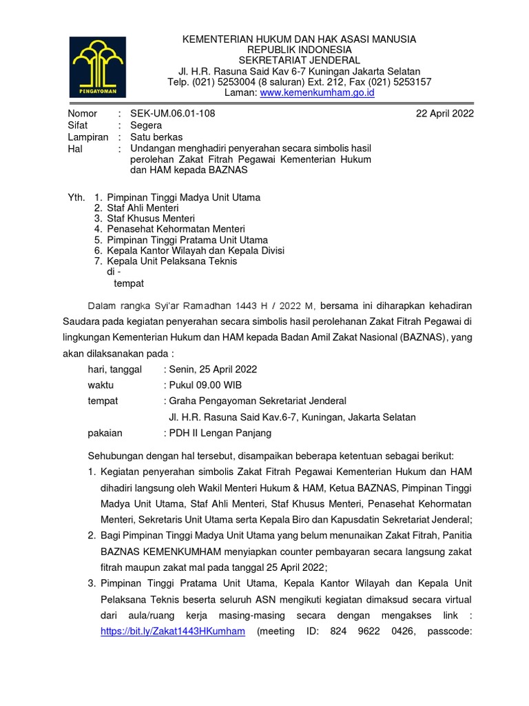 (Update) Undangan Kegiatan Penyerahan Zakat Fitrah Kemenkumham TTD