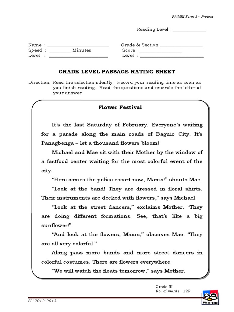 Grade Level Passage Rating Sheet PhilIRI Form 1 Pretest PDF Flowers