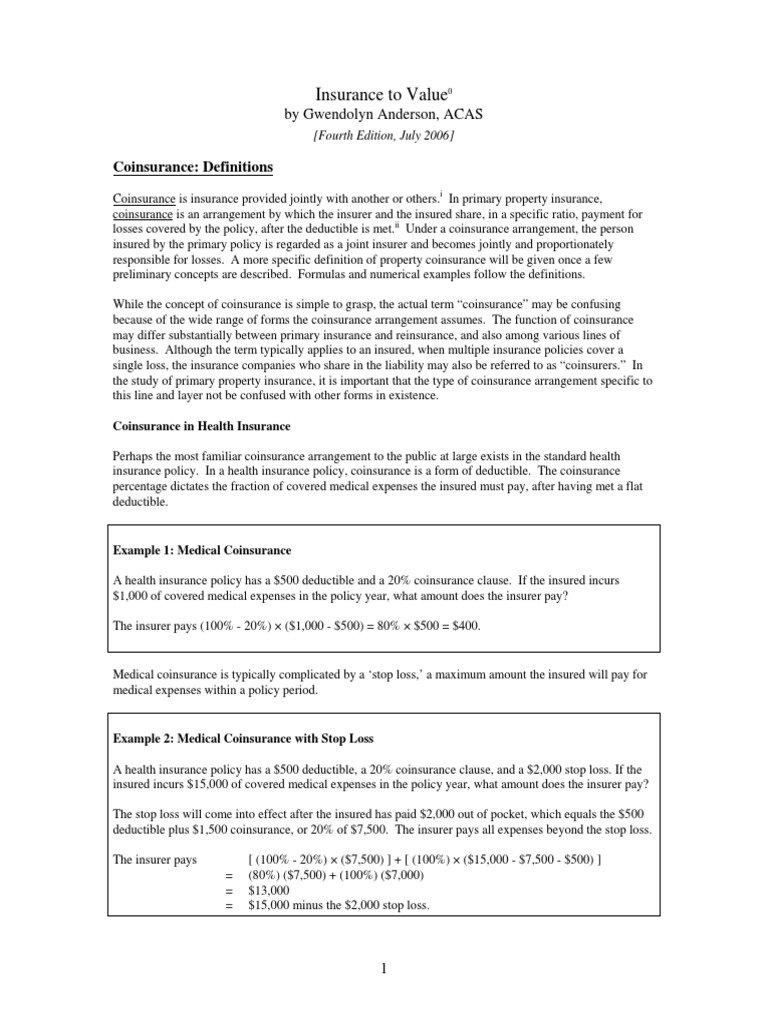 Coinsurance: Definitions: Insurance To Value | PDF | Insurance | Deductible