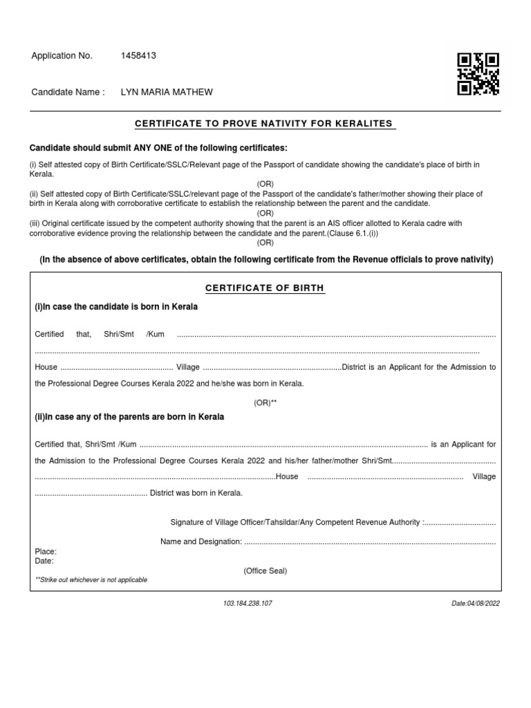 Certificate To Prove Nativity For Keralites Application No. 1458413 PDF Document Government