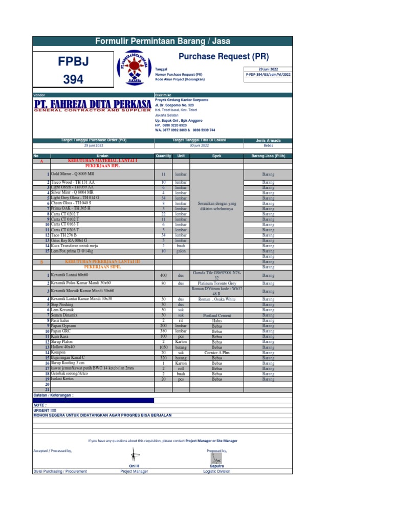 Permintaan Material Proyek Urgent | PDF