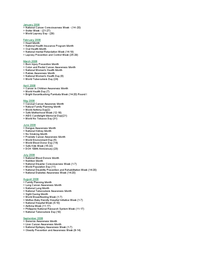 DOH Calendar Preventive Healthcare Chronic Condition