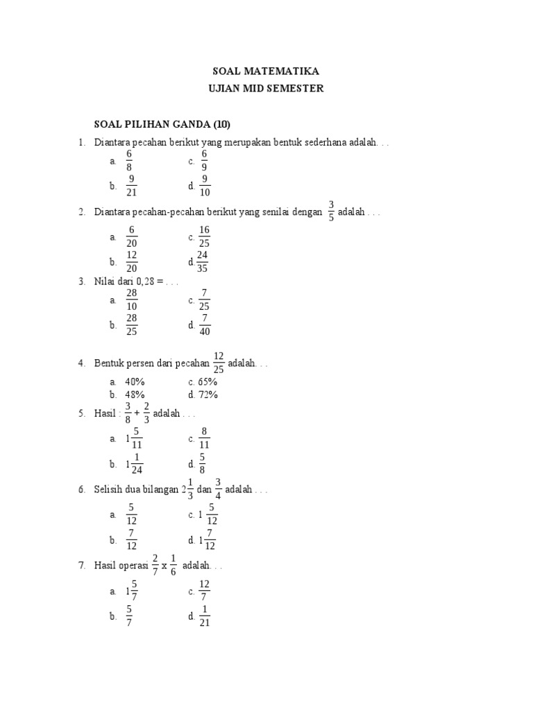 Soal Ujian Matematika Mid Semester | PDF | Metode & Bahan Ajar