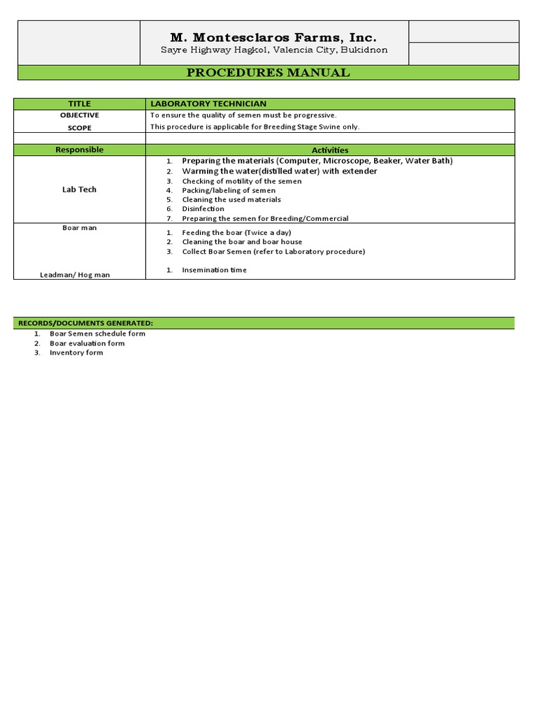 M. Montesclaros Farms, Inc. Procedures Manual: Title Laboratory ...