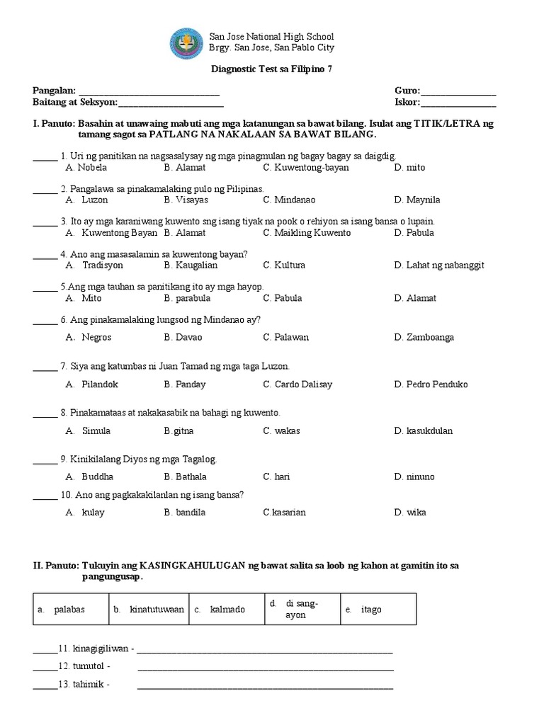 Diagnostic Test Filipino 7 20222023 PDF