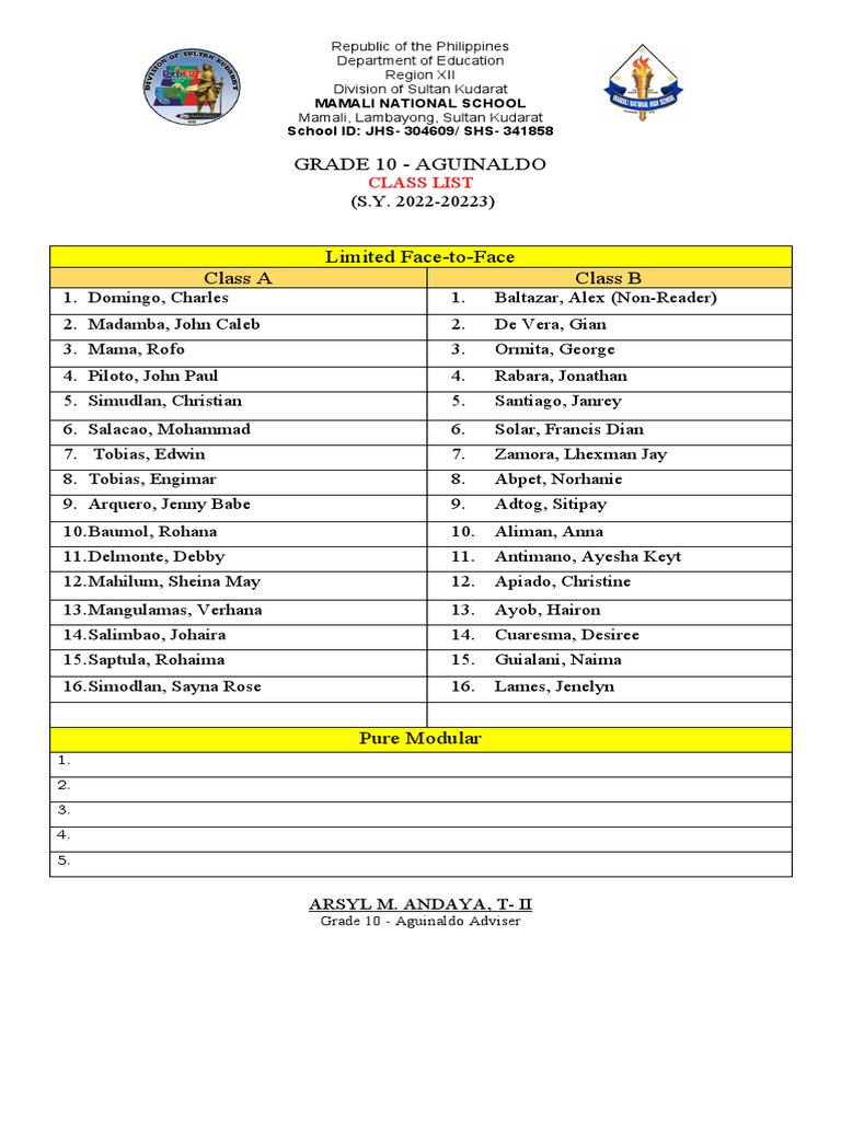Grade 10 - Aguinaldo: Class List | PDF