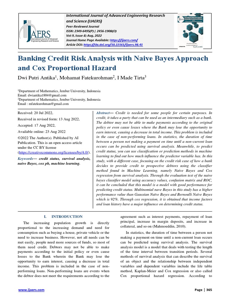Banking Credit Risk Analysis With Naive Bayes Approach and Cox ...