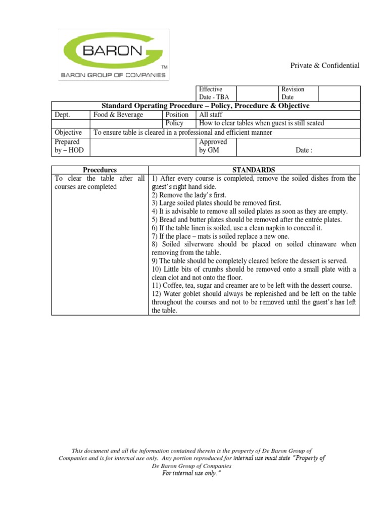 Table Clearing Procedures for Waitstaff | PDF | Tableware | Eating ...