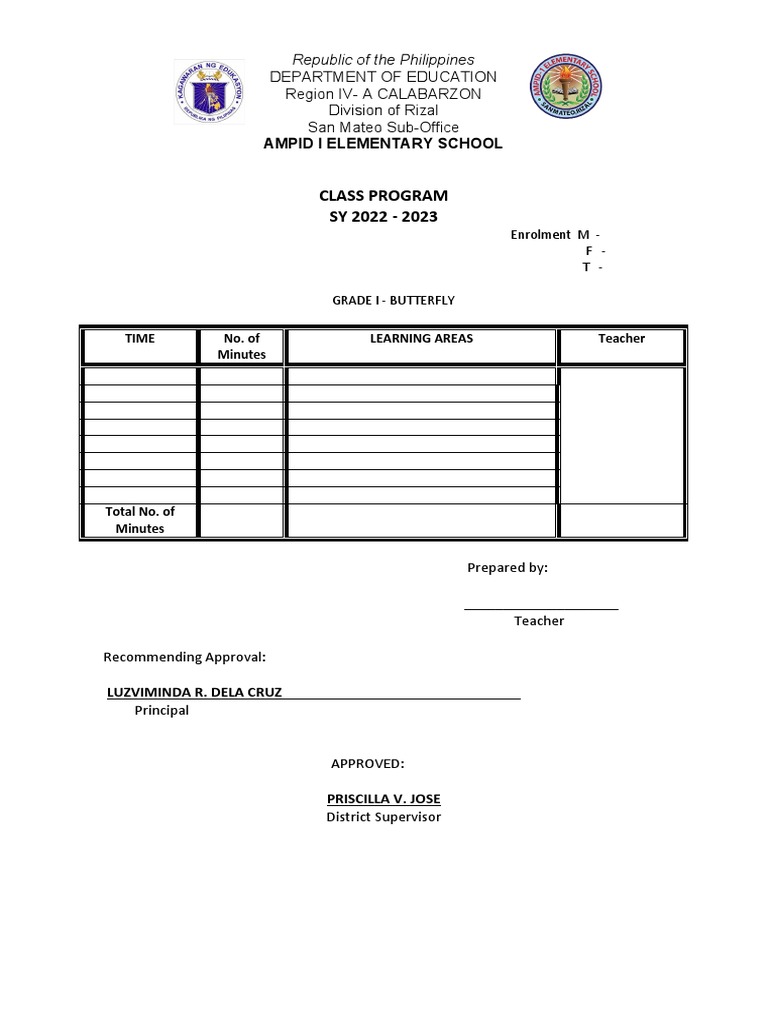 Class Program SY 2022-2023 for Ampid I Elementary | PDF | Social ...