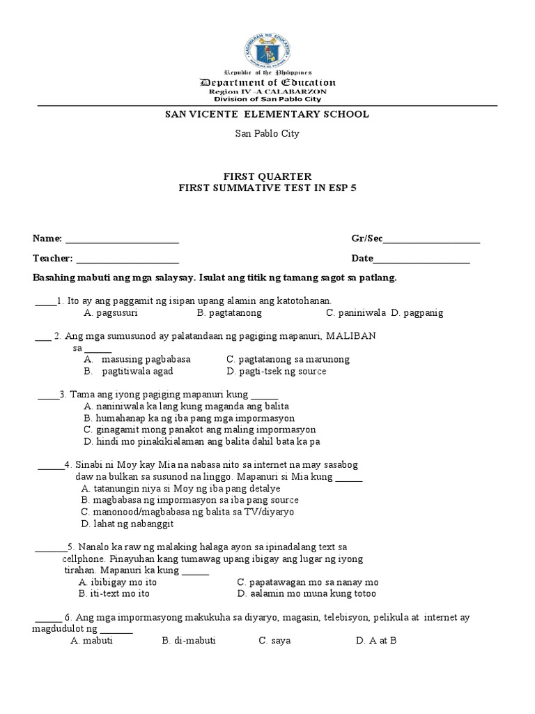 ESP 5 Summative Test# 1 Q1 | PDF