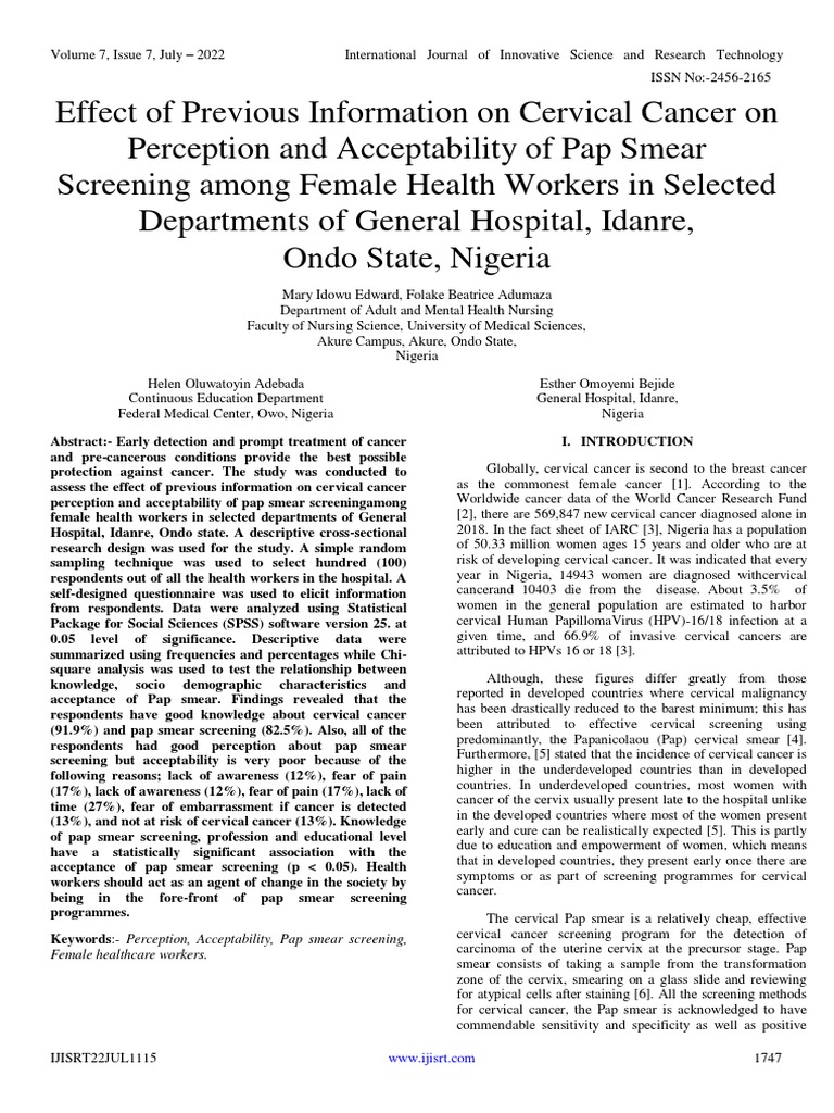 Impact of Awareness on Pap Smear Acceptance | PDF | Cervical Cancer ...