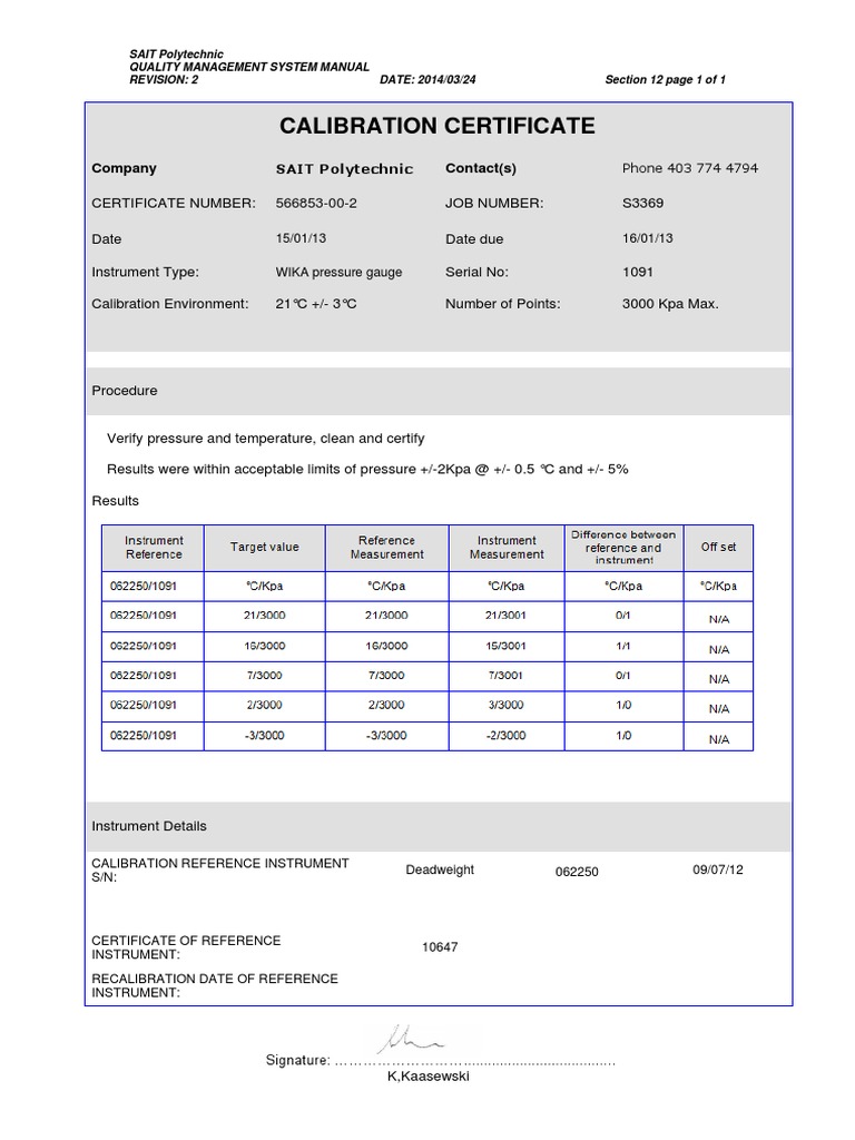 25. HydroTest Gauge Calibration Report PDF Calibration Metrology