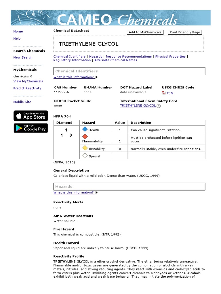 TRIETHYLENE GLYCOL - CAMEO Chemicals - NOAA | PDF | Chemical Reactions ...