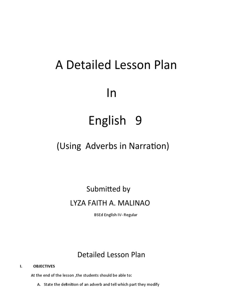 Detailed Lesson Plan In English Grade 9 Adverb Lesson Plan Detailed