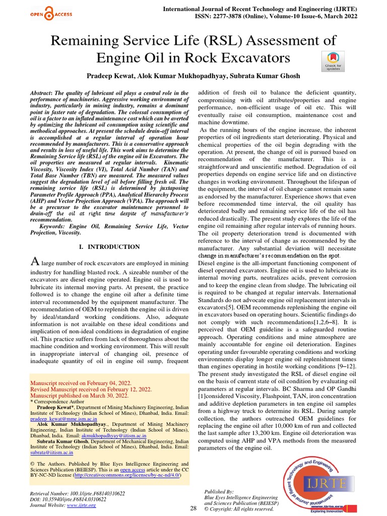 Remaining Service Life (RSL) Assessment of Engine Oil in Rock Excavators PDF Motor Oil