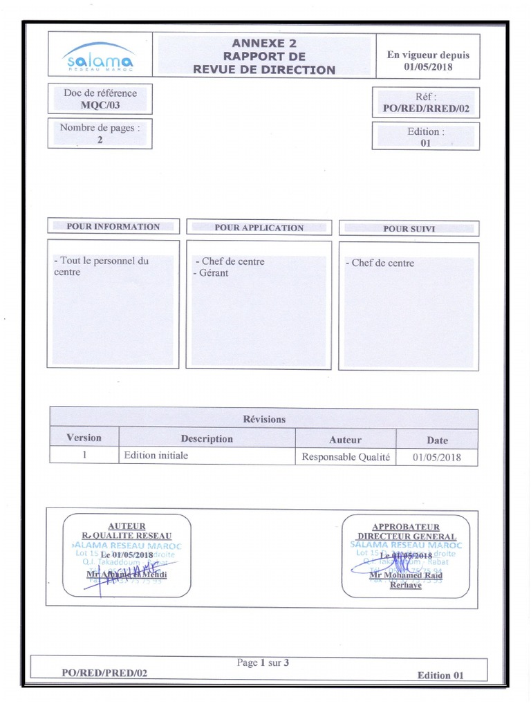 Rapport De La Revue De Direction PDF
