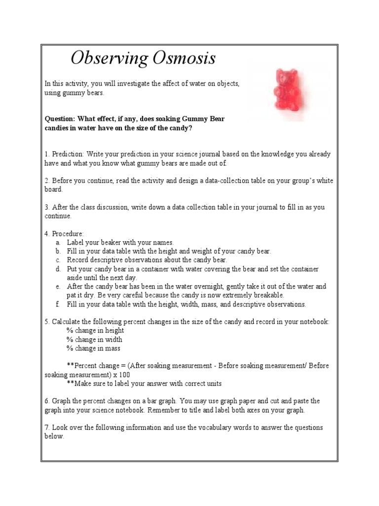 Observing Osmosis Question What Effect, If Any, Does Soaking Gummy Bear Candies in Water Have
