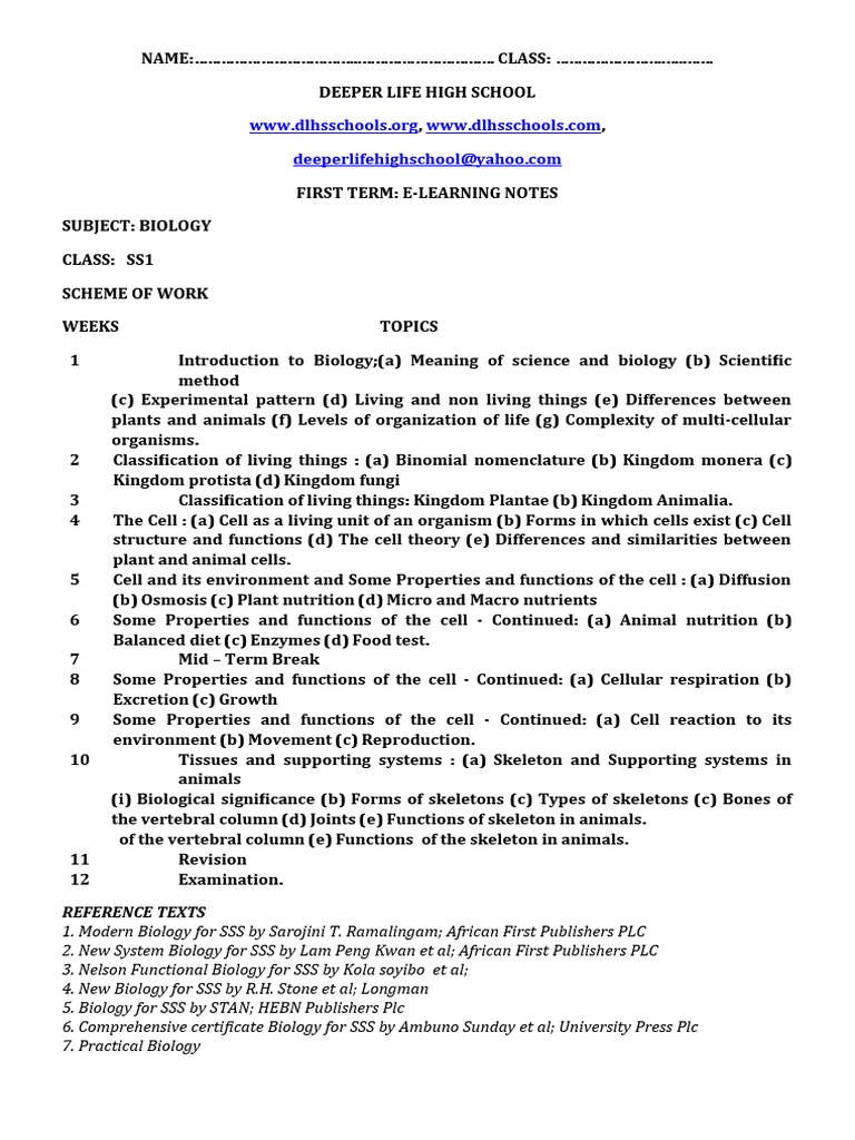 Biology SS1 1ST Term ENotes PDF Experiment Cell (Biology)