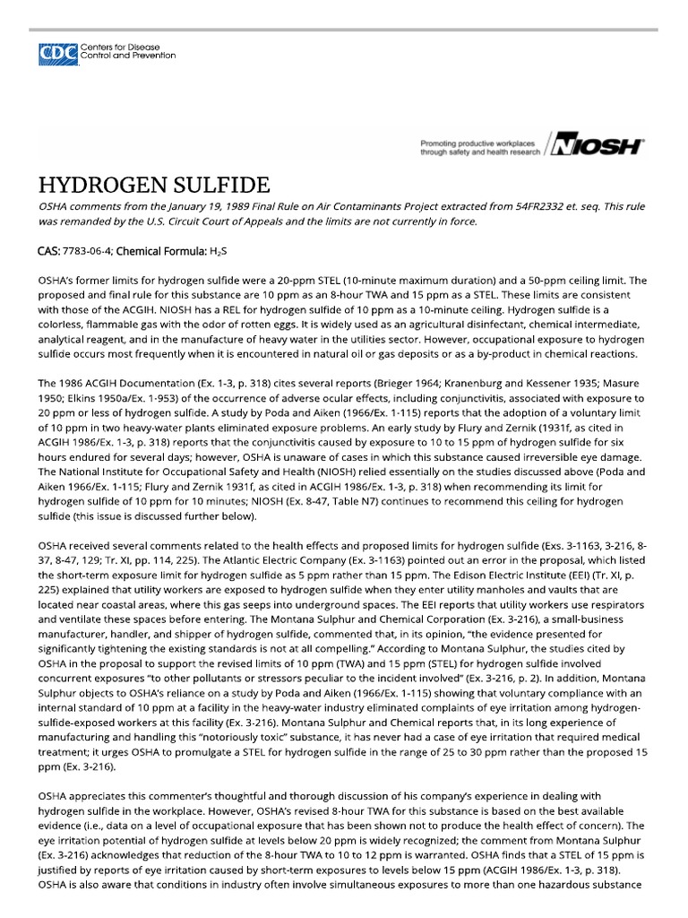 1988 OSHA PEL Project Hydrogen Sulfide NIOSH CDC PDF