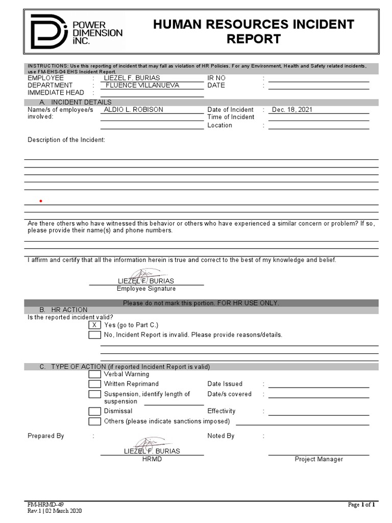 HR Incident Report Sample PDF