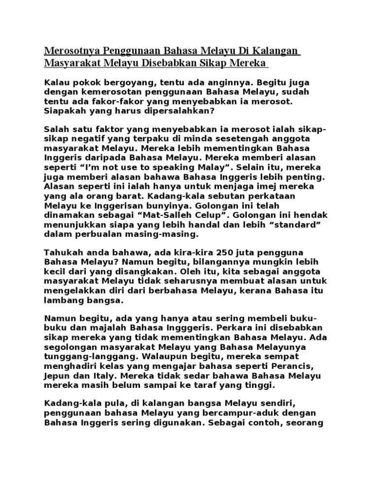 Merosotnya Penggunaan Bahasa Melayu Di Kalangan Masyarakat Melayu Disebabkan Sikap Mereka Pdf