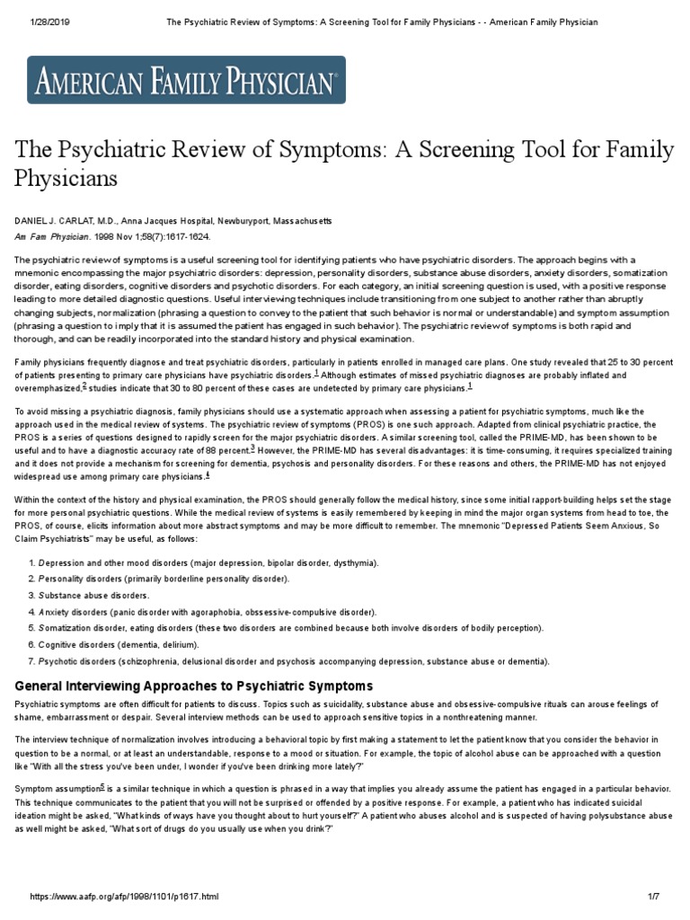 The Psychiatric Review of Symptoms - A Screening Tool For Family ...