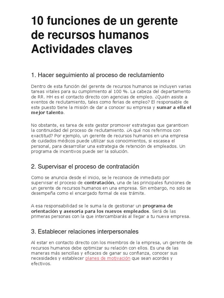 10 Funciones de Un Gerente de RH | PDF | Gestión de recursos humanos