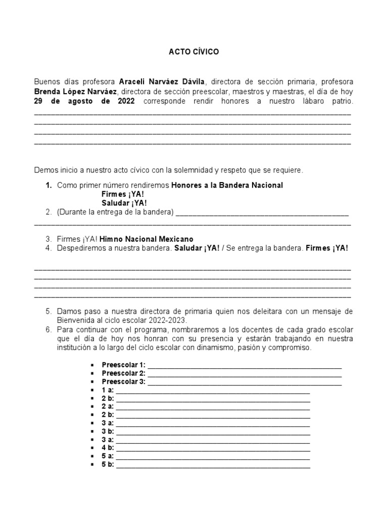 Acto Cívico de Bienvenida Escolar | PDF | Educación de la primera infancia