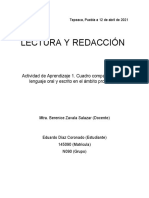 Actividad de Aprendizaje 1. Cuadro Comparativo Entre Lenguaje Oral y Escrito en El Ámbito Profesional