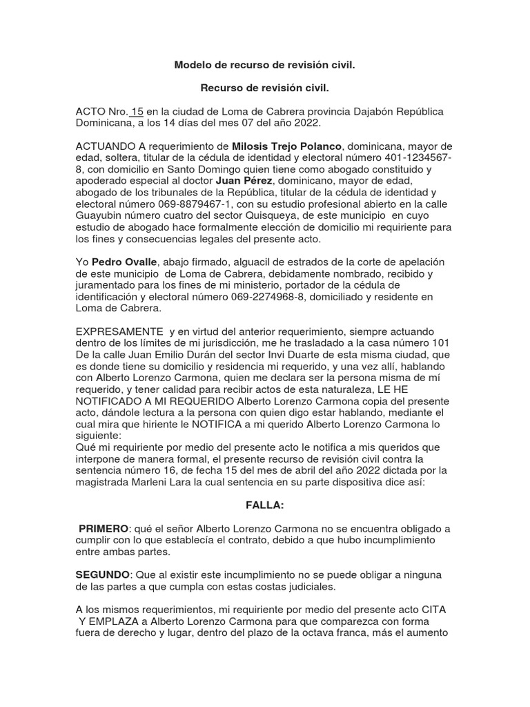 Modelo de Recurso de Revisión Civil | PDF | Sentencia (ley) | Justicia