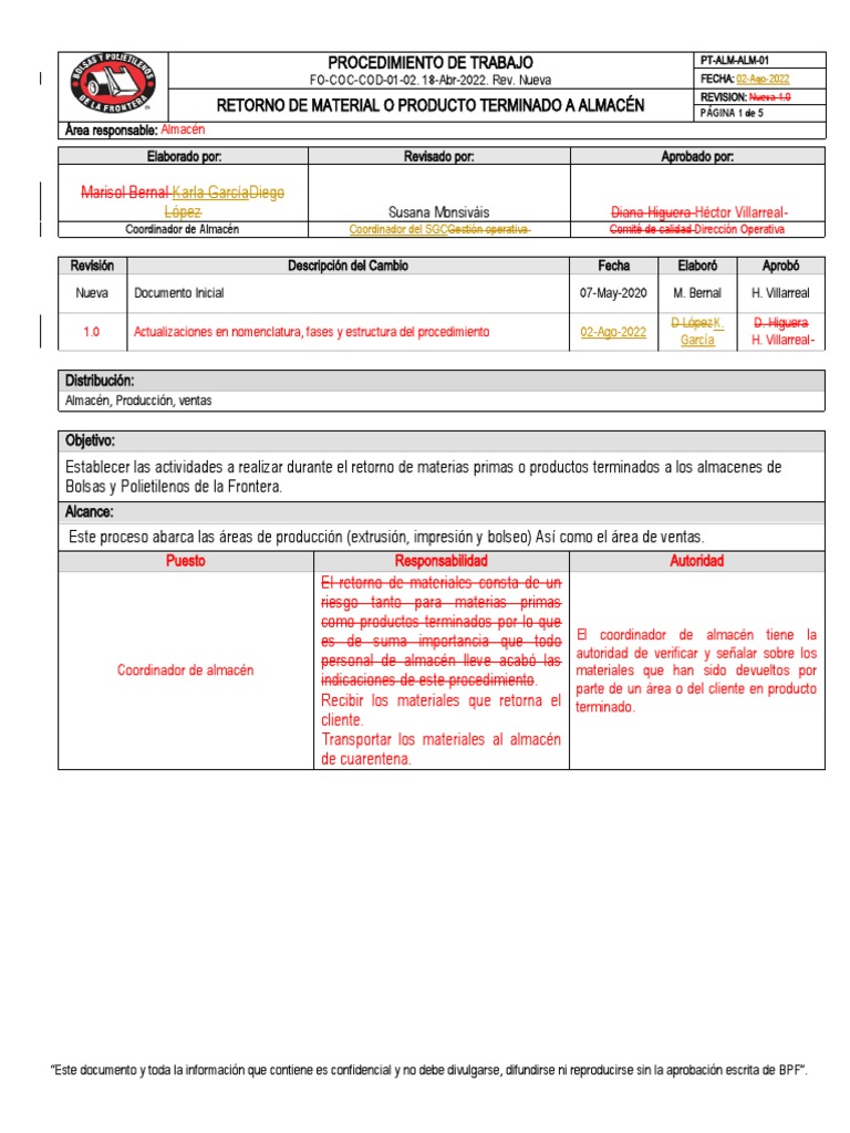 (PT-ALM-ALM-01) Procedimiento Retorno de Materiales o de Producto ...