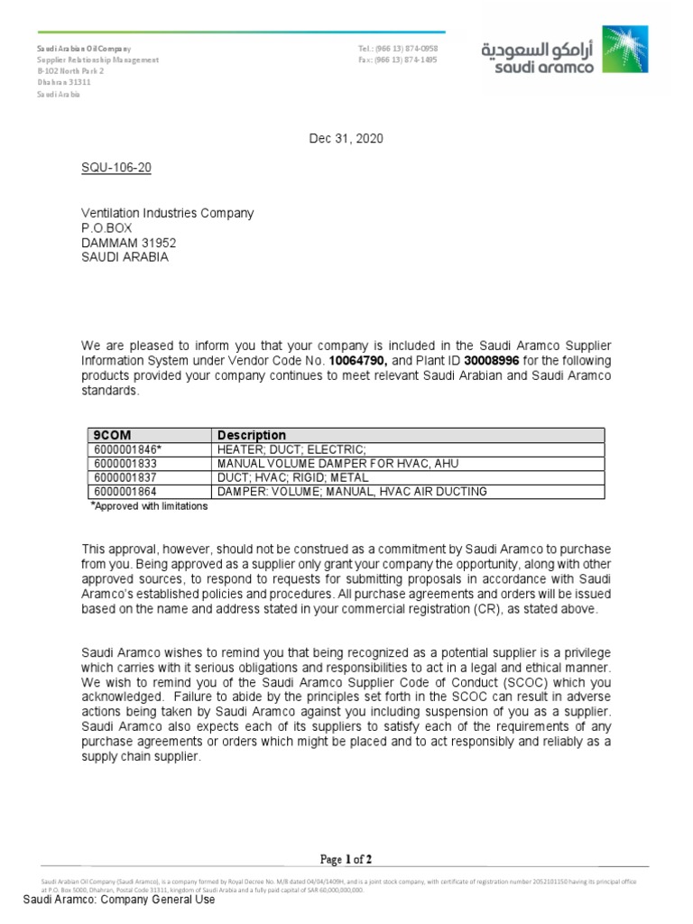 VIC - Ventilation Industries - Saudi Aramco 9COM Approval Letter For ...
