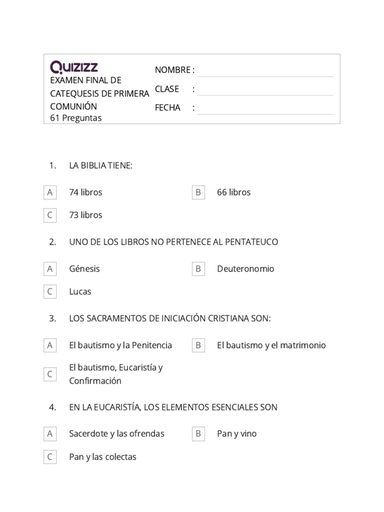 Examen Final de Catequesis de Primera Comunión PDF eucaristía