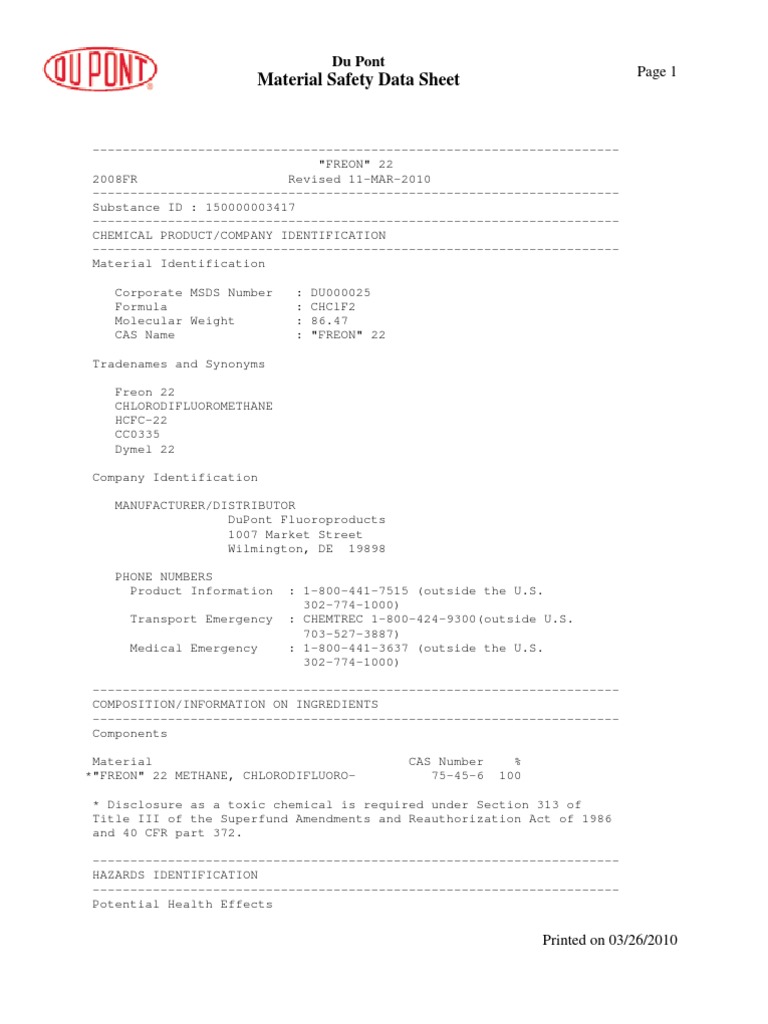 MSDS Freon R.22 Dupont Toxicity Firefighting