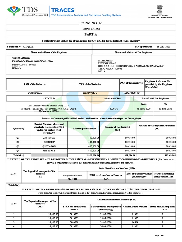 Form 16 20-21 | Download Free PDF | Taxes | Government Finances