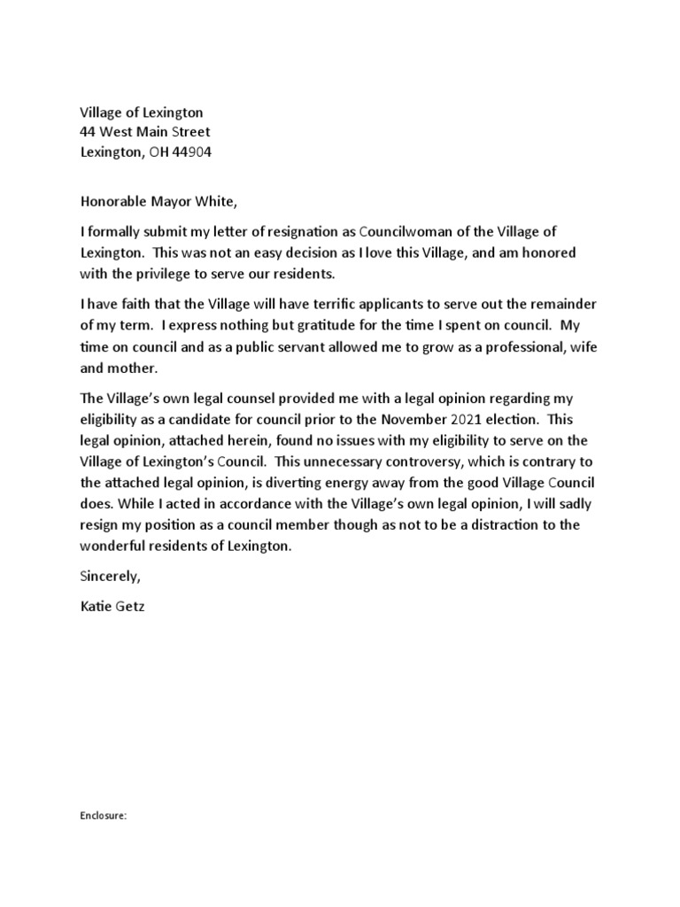 Village of Lexington Resignation Letter PDF Elections U.S. State