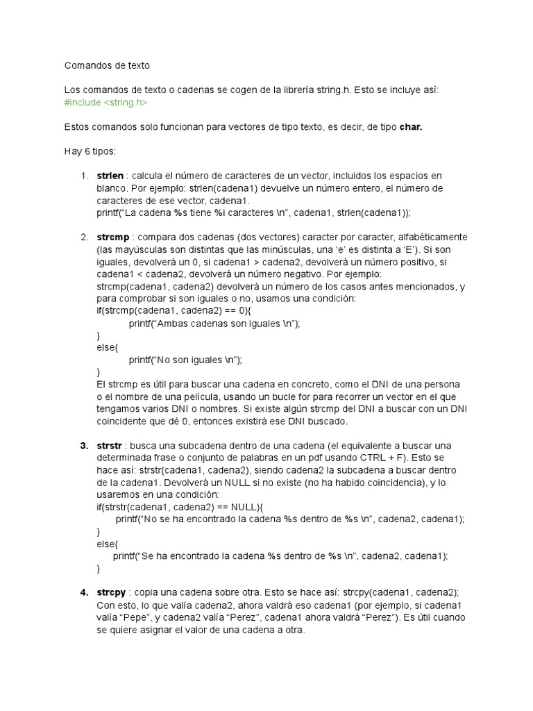 Comandos de texto en C: string.h | PDF | Cadena (informática ...