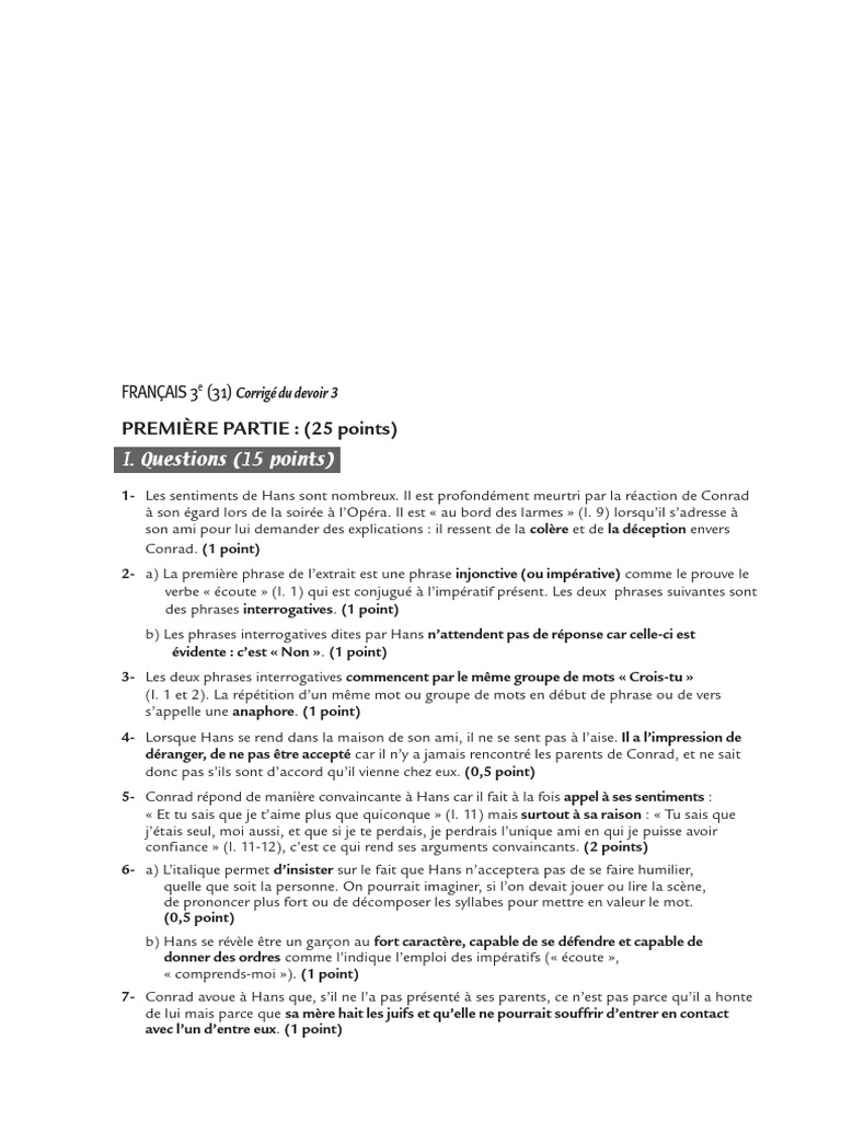 Corrigé Devoir 3 Français 3e | PDF | Phrase | Verbe