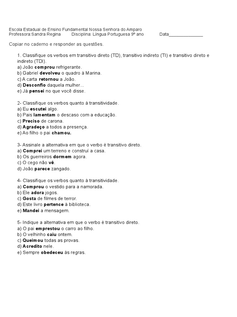 9º Exercícios Verbos Transitivos e Intransitivos | PDF