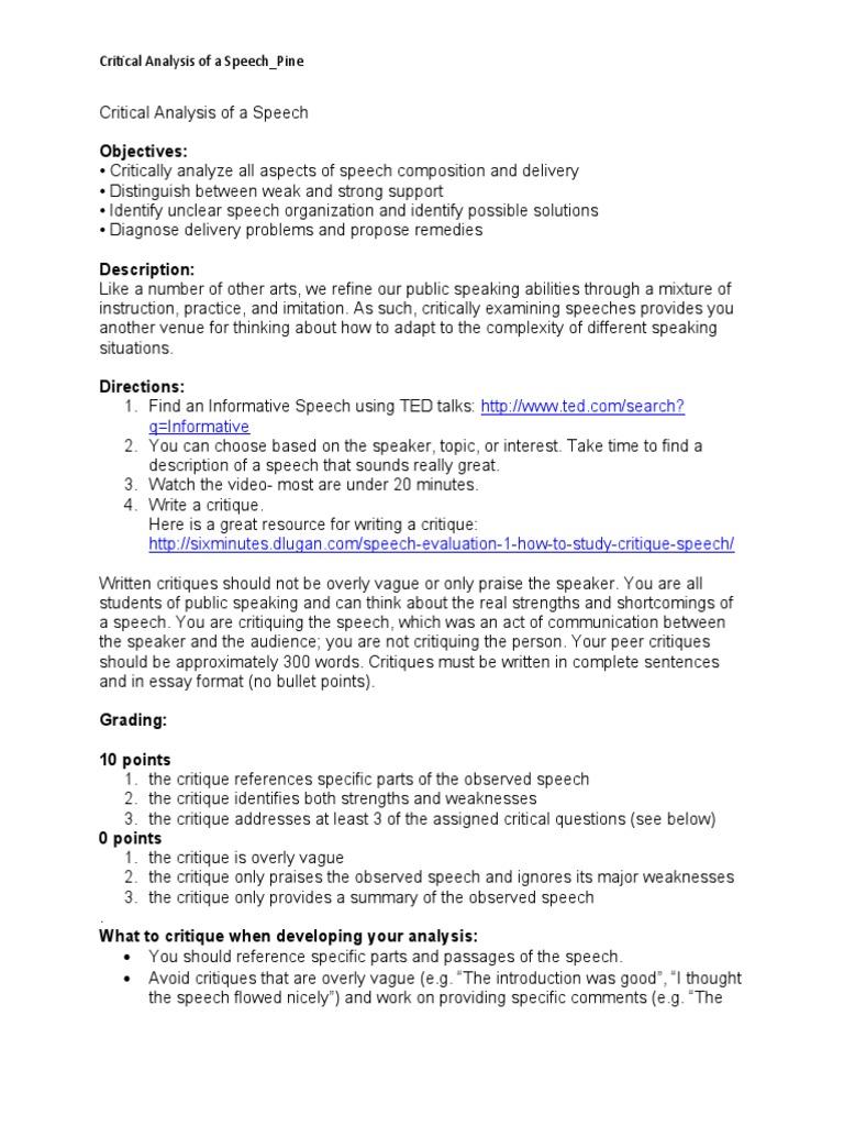Critical Analysis of A Speech PDF Speech Public Speaking
