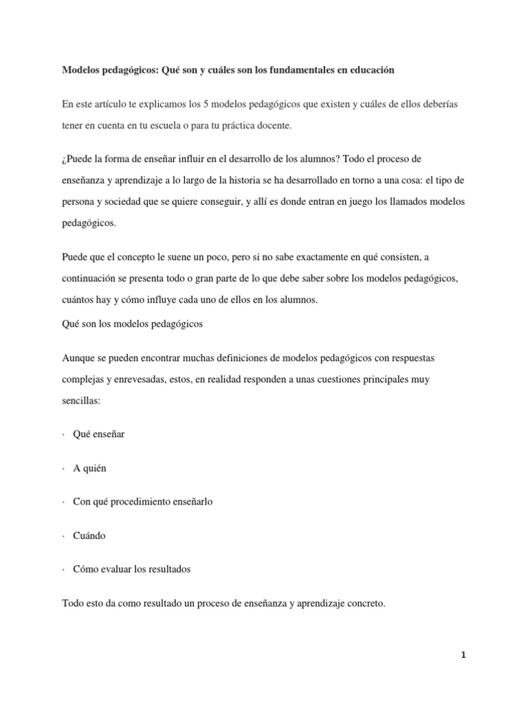 Modelos Pedagógicos - Recurso para La Unidad 2 | PDF | Método de ...