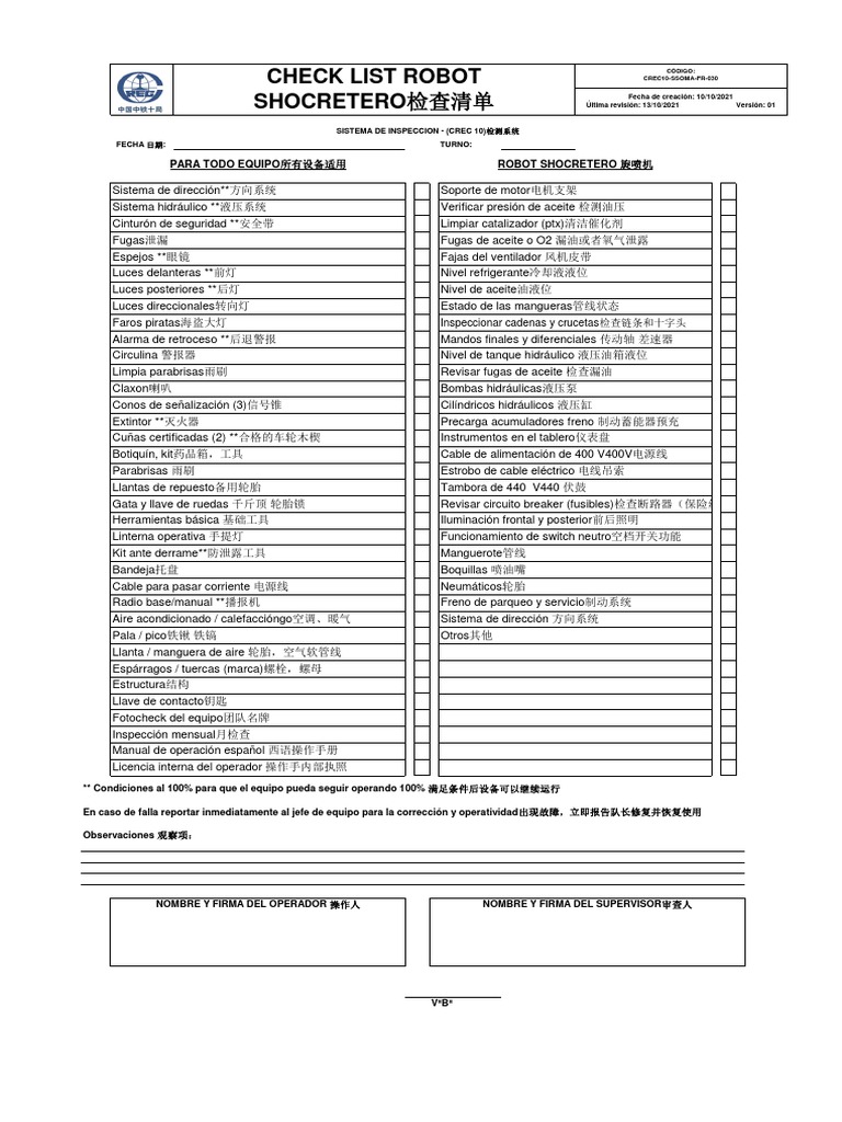 FR-030 Check List Robot Shocretero | PDF | Vehículos terrestres ...