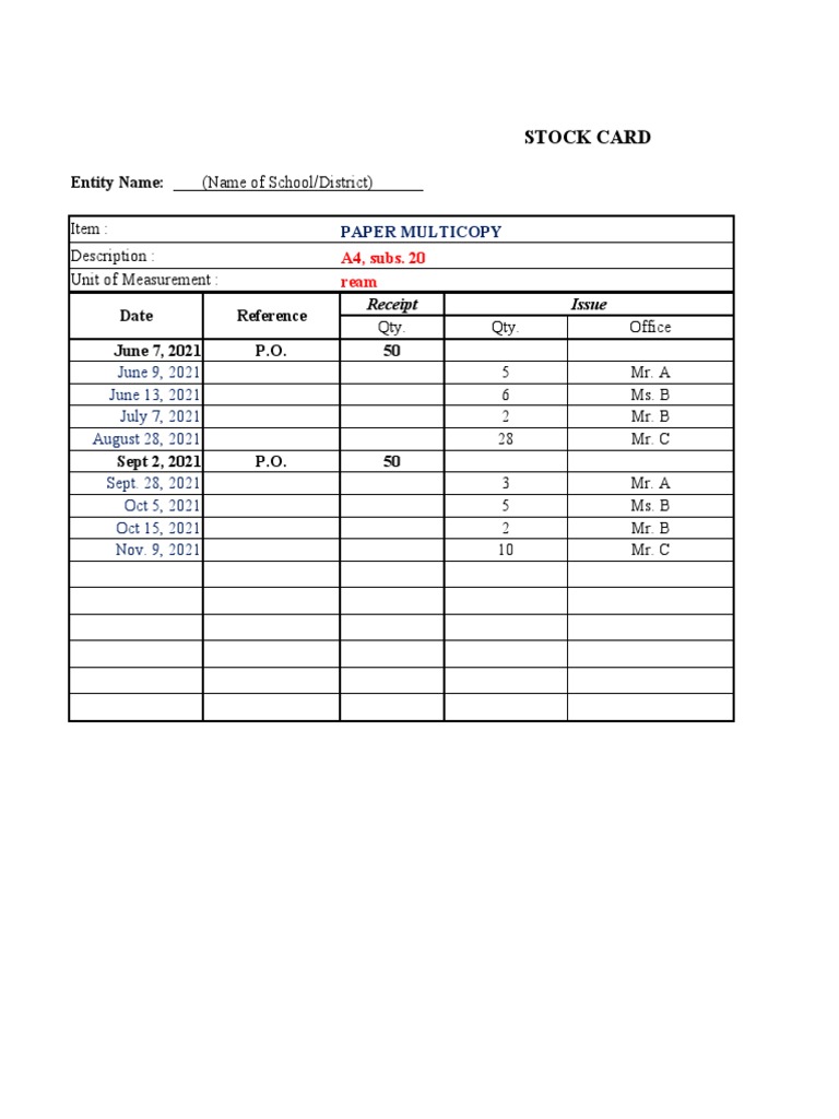 Stock Card: Entity Name: (Name of School/District) | PDF